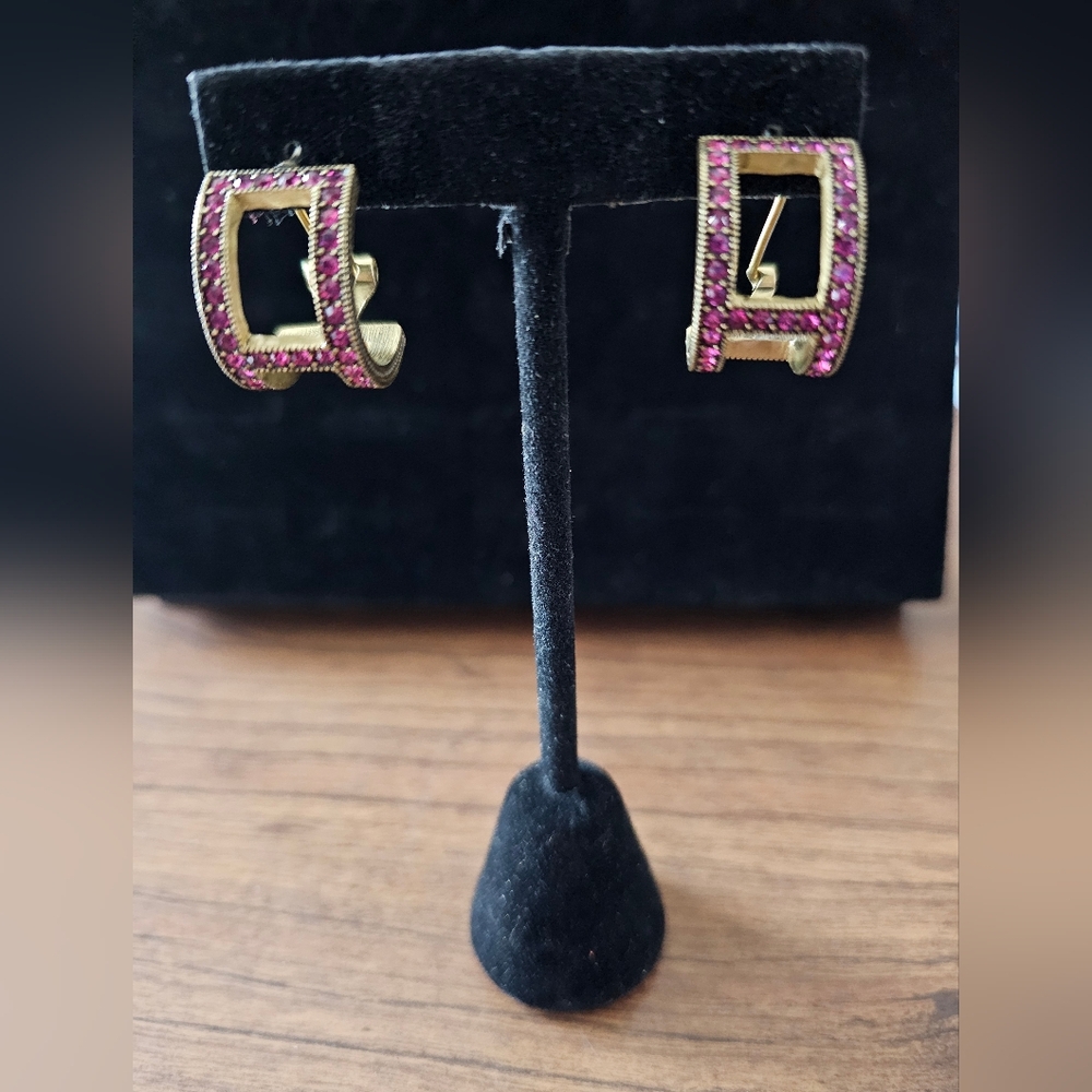 Designer Heidi Daus Pink Half Hoop Crystal Earrings